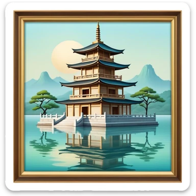 Cinematic Realistic Tran Quoc Pagoda Landmark Emoji, depicted with an ancient pagoda set on tranquil waters rendered with delicate textures and serene, reflective lighting. sticker