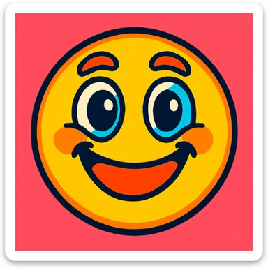 a smiling face emoji in a unique, creative 2D illustration style, vibrant colors, playful expression sticker