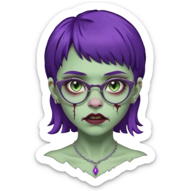 Una mujer zombie con perforacion en la nariz y perforación Madonna, lentes tipo ojo de gato, fleco pequeño y cabello largo morado oscuro  sticker