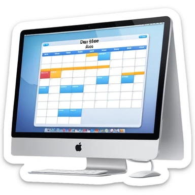 front-facing iMac showing a day schedule with vertical hours (9am, 10am, 11am) and horizontal client slots, some slots clearly booked sticker