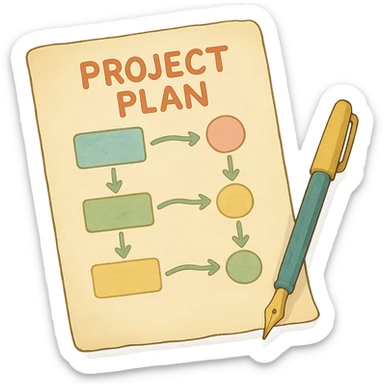 ghibli style whimsical project plan with paper and pen in soft colors sticker