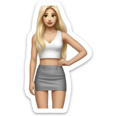 hyperrealistic caucasian blonde, long straight hair, white deep v-neck crop tanktop, gray tight mini skirt sticker