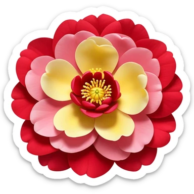 red Japanese camellia flower with layered petals and yellow stamen, flat design sticker