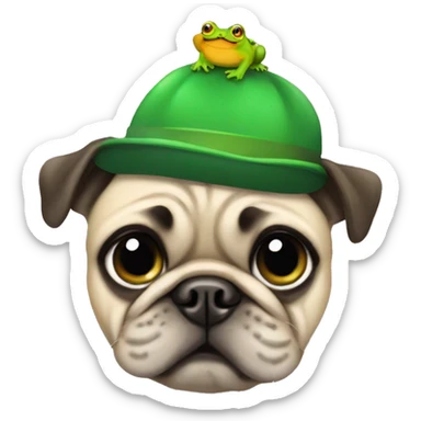 Pug smiling while wearing a green hat with a frog form sticker