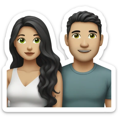 Light skin vietnamese man with straight black undercut hair and a white brunette woman with green eyes and long wavy hair tightly hugging each other  sticker