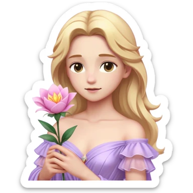Cinematic Realistic Rapunzel Portrait, with porcelain-like skin featuring a subtle, natural glow, illuminated by soft lighting that brings out the gentle contours of her face. Her long, golden blonde hair cascades in detailed waves, each strand highlighted with a radiant shimmer as it catches the light. She playfully holds a flower in one hand, her other hand resting casually in her lap, with a warm and spirited expression. Her bright, expressive green eyes exude curiosity and warmth, framed by delicate lashes and soft, arched brows. She is dressed in her classic lavender and pink gown, the fabric textured with delicate folds that flow naturally, catching the light with a soft, radiant glow. The portrait captures a luminous, enchanting aura, seamlessly blending realism with a whimsical, fairytale charm, evoking a timeless sense of beauty and magic. sticker