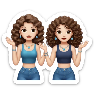 moon juggling — long wavy brown hair tattooed woman and short tight curly brown hair woman — tiny moons and crystals sticker