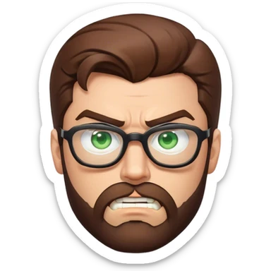 Superman with brown hair, a beard, and glasses on. Eyes are green. Angry face sticker
