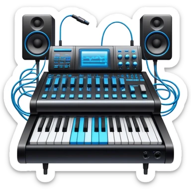 Create a professional and detailed emoji that represents sound design. The design should feature a high-end studio synthesizer (like the Korg), a sound mixing console with visible wires, large studio speakers, and a microphone to symbolize the essential equipment in sound design. Add musical note waves flowing around the equipment to emphasize the connection between sound creation and musical composition. Use sleek, modern colors like black, silver, and neon blue to represent the professional and futuristic nature of sound design. The background should be transparent. sticker