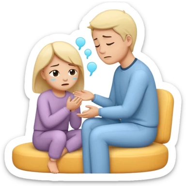 simplified human character crying gently while sitting with a psychologist, therapist showing empathy and support, emotional but safe mood, mental health therapy session, flat custom emoji sticker, soft pastel colors, rounded shapes, minimal details, thick outline, white background, no text sticker