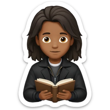 Garoto negro fofo e cabelo comprido usando jaqueta preta lendo um livro sticker