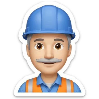 A man emoji with light skin, wearing a blue construction helmet, short gray hair on the sides, straight eyebrows, brown eyes, a small nose, and a thin gray mustache above his smiling mouth. sticker