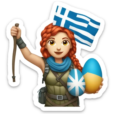 female winter mountaineer red hair holding greek flag and easter egg sticker