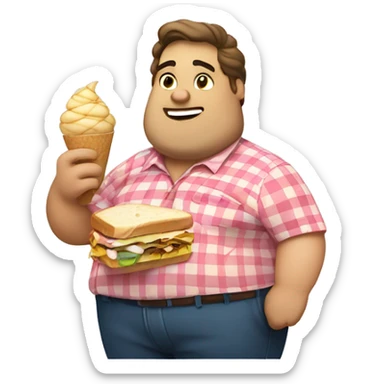 Overweight man in a checkered shirt eating a sandwich with one hand and an ice cream with the other."  sticker