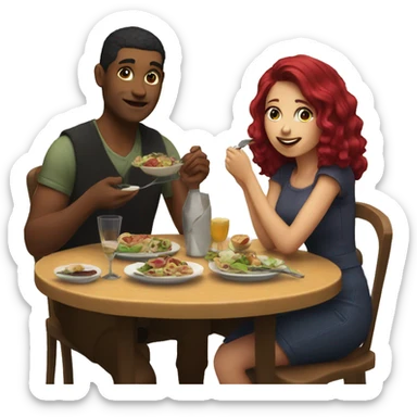 Girl with burgundy hair and her boyfriend sitting at the table eating dinner sticker