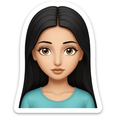 A arabic girl, who has long black styled silk hair, a bit of tan skin but not too tan. almond brown eyes that has black long lashes, small nose and full lips. and a bit of makeup like bronzer. and wearing a white tight top sticker