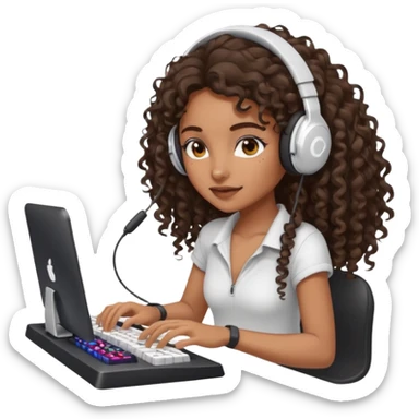 Brown skin Spanish girl with long dark curly hair, wearing a white gaming headset and playing on keyboard with a gaming mouse i sticker