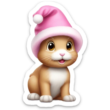 A pink little cute bunny wearing a little cute pink Christmas hat sticker
