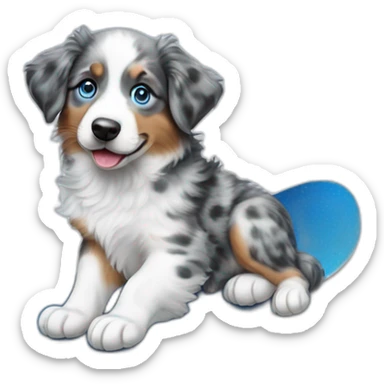 a 5 month old puppy, miniature American shepherd breed, blue merle color, with blue eyes, with a snowboard sticker