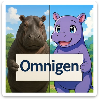 two hippo holding sign of omnigen, half picture 1 hippo is realistic another half is the anime of that same second hippo sticker