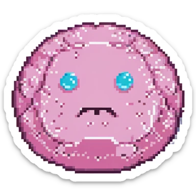 16-bit pixel art of a pink frowny face smooth rounded blob, simple retro gaming style sticker