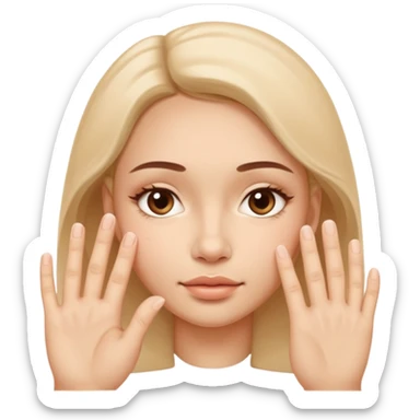 Simple wellness-style emoji of a face with a hand gently pressing and guiding facial fullness downward and outward, showing reduced face fat and puffiness, clear slimming effect on cheeks, natural and healthy look, no makeup sticker