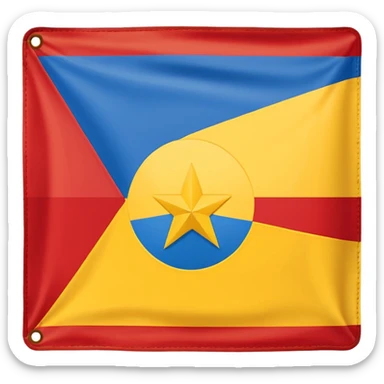 A rectangular flag with nine horizontal stripes alternating red and yellow, starting and ending with yellow. On the left side, a large blue triangle pointing to the center. Inside the blue triangle, a single white five-pointed star, centered and not surrounded by any circle or border. sticker