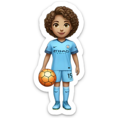 girl with short curly brown hair and eyes wearing Manchester City football shirt, fluro orange soccer boots, number 15, standing with a soccer ball sticker