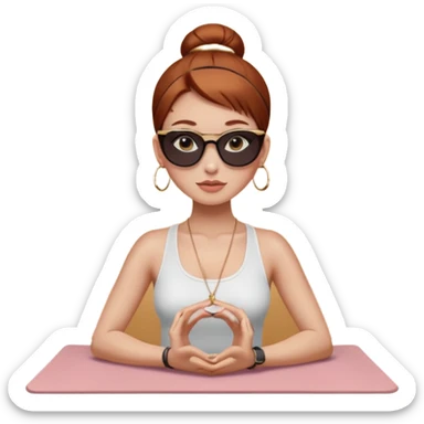 Clean girl influencer character, chest-up portrait.Sleek tight bun hair color (auburn .Natural glossy makeup, soft blush, shiny lips.chest up portrait , small gold hoop earrings, delicate gold necklace.Black sunglasses on head.Rolled yoga mat hanging over her shoulder. sticker