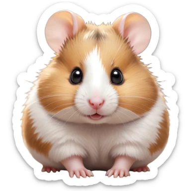 Cinematic Cute Brown and White Banded Hamster Portrait Emoji, Head tilted playfully and inquisitively, showcasing a fluffy fur with playful brown and white banded patterns, round, sparkling dark eyes filled with curiosity, Simplified yet irresistibly adorable features, highly detailed, glowing with a warm, friendly glow, high shine, affectionate and lively, stylized with a touch of whimsy, bright and endearing, soft glowing outline, capturing the essence of a mischievous yet loving hamster, so playful it feels like it could dash out of the screen and into your arms! sticker