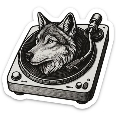 illustrative style platine vinyle with the platter replaced by an integrated wolf head, clear details, transparent background sticker