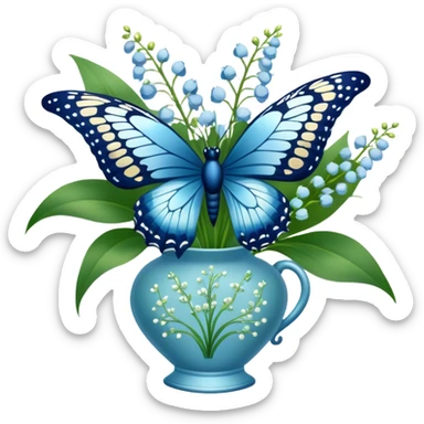 Aesthetic butterfly with blue light and navy wings sitting on a dark green bouquet of lily of the valley in a pastel blue vase sticker