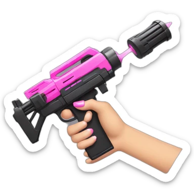 light brown hand with pink nails holding large scary dark nerf gun sticker