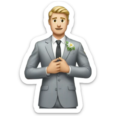 confident white guy flashing feeling pain without crying in formal dress in hands flowers sticker