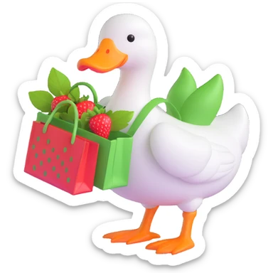 A white duck with an orange beak and feet, carrying a red strawberry with green leaves in a green bag. sticker