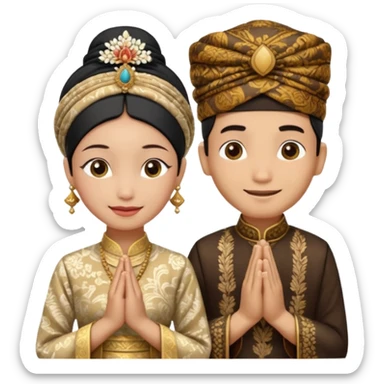 javanese person with shy smile (male) with batik blangkon hat and prayer hand, and also a javanese bride with sanggul or javanese classic updo and a shy smile sticker