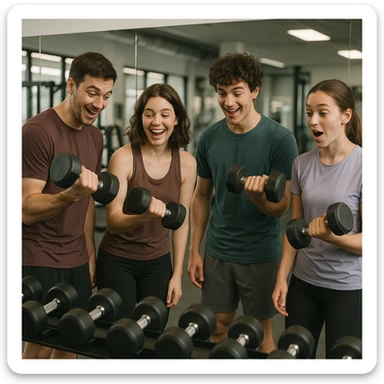beginner in gym with friends, all wearing sportswear, trying dumbbell exercises, fun and discovery atmosphere, realistic details, background with mirrors and weight rack, 4K quality sticker