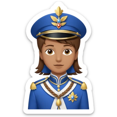 Bonjour, est ce que tu pourrais me créer un emoji, de moi (la personne a droite, brune) avec la tenue de certains membres de la  fanfare (la tenue bleue et blanche ) que tu vois sur la photo. Attention mets bien la fourragère a gauche s'il te plaît sticker