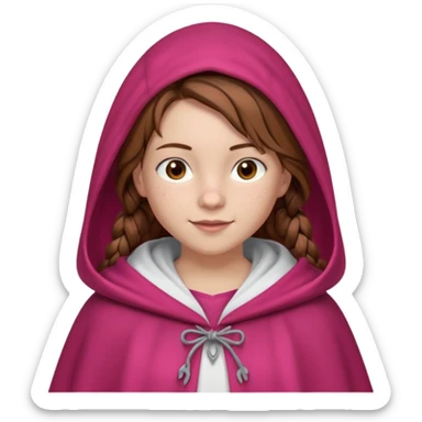 a 12 year old girl with fair skin, freckles, and brown hair done in French braids that come down to her breasts. she has a red hooded cape with the hood drawn. she has big, brown eyes and normal eyebrows. she has a pretty white t-shirt under her cloak. she has a warming smile with pale pink lips sticker