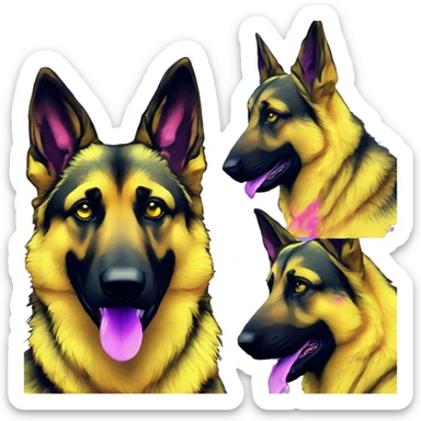 .Zombie_ Vaporwave black holographic oilslick zombie yellow German shepherd dog yellow caution tape graffiti stripes iridescent blue purple mane yellow stripes sticker