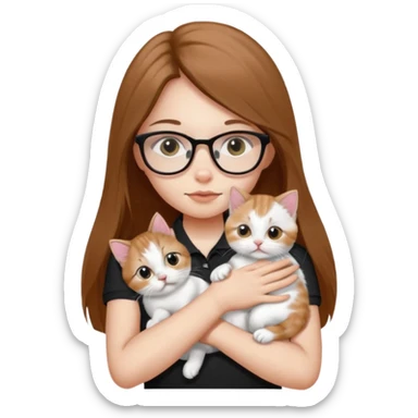 a girl with long brown straight hair, in a white a black polo t-shirt, with eyeglasses hugs a persian kitten 3 months old had a half spot black on her face and white one cat. emoji | AI Emoji Generator sticker