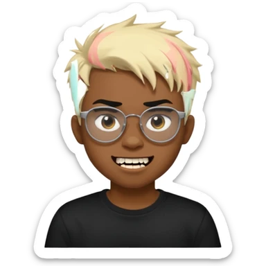Black Male Teenager with Short punk messy blonde hair, Dark brown bushy eyebrows large expressive golden-brown eyes, wearing a plain white t-shirt, wearing thick black glasses, Dark Brown skin color. Showing off his singular vampire tooth sticker
