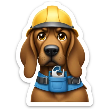 blue bloodhound with a hard hat and a tool belt. sticker
