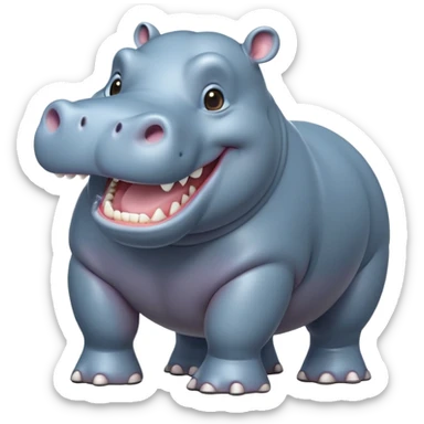 cinematic-hippo-realistic-full-body-side-view-standing-on-all-fours-emoji,-massive-round-frame,-wide-mouthed-grin-exposing-huge-teeth,-head-tilted-dramatically,-thick-greyish blue-hide-glossy, big cute eyes sticker