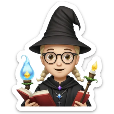 ["A happy boy with light skin, ponytail, wearing a wizard hat and square glasses, dressed in goth fashion, is reading a book while holding a phone."] sticker