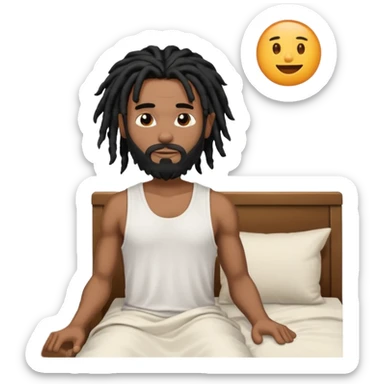 African American man with shoulder length black dreadlocks with black beard wearing a men's white tank top shirt waking up in the bed sticker