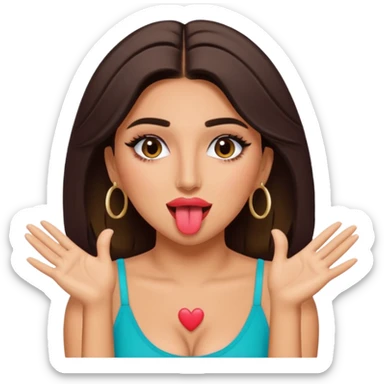 Huda from love island with her tongue out and both hands open to the side of her face sticker
