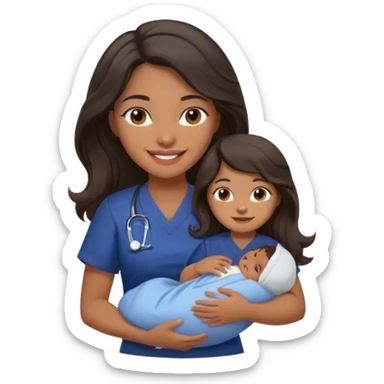 Female nurse smiling with long dark wavy hair with medium brown skin and brown eyes holding one new born with navy blue short sleeves sticker