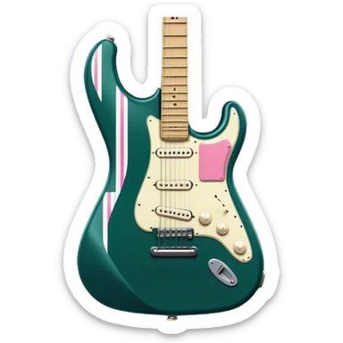 minimalist electric guitar in dark green with pink and blue stripe decal, closed inside a black rectangular hard case with gold latches, flat semi-3D style, soft matte textures, simplified details, stylized decal accent sticker