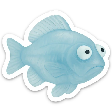 Make the fish's body even more transparent so you can clearly see through it. The fish should be facing directly to the side (90 degrees from the camera), no tag, semi-transparent blue plastic, eyes derpy and going in opposite directions. No background. Hyper-detailed, soft plastic 90's toy look, soft reflections, soft and squishy, some cloudiness, not shiny, highly detailed, appealing. Render in a style that looks like a soft, semi-transparent blue plastic toy from the 90's with soft reflections and a squishy, cloudy texture, not shiny. sticker